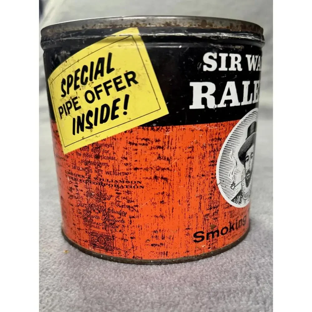 vintage sir walter raleigh tobacco tin orange black pipe can mid‎ century decor